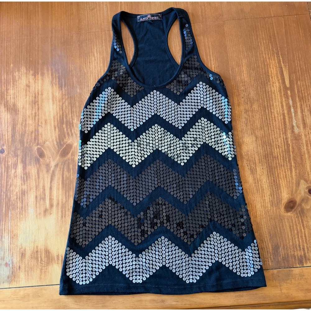 Sparkly Womens Black Sequin Chevron Racerback‎ Tank Top Small Night Out NYE